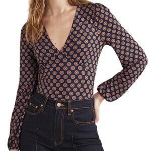 Boden v-neck print balloon sleeve blouse floral design navy blue